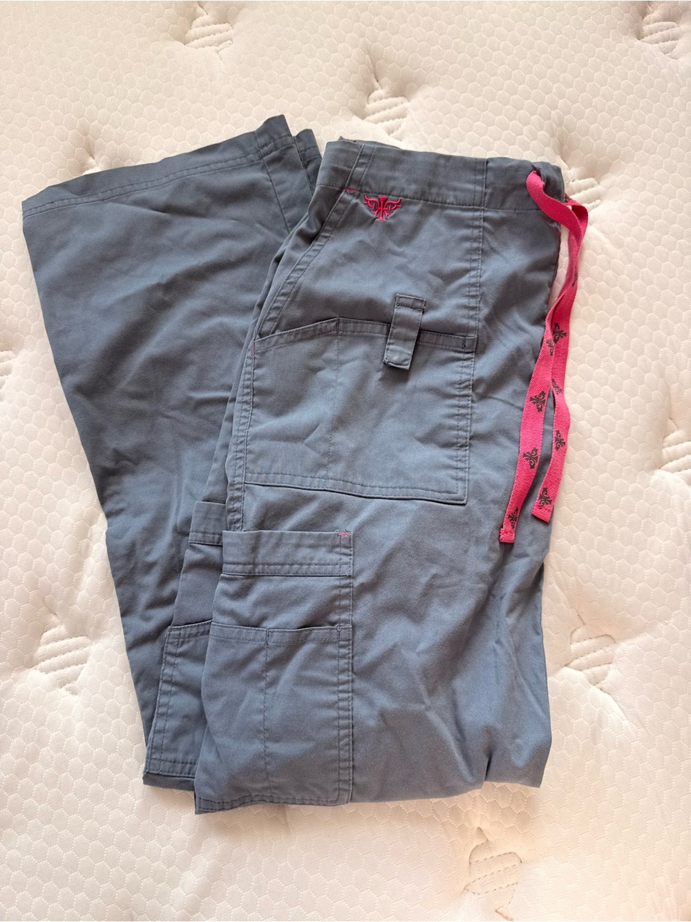 Med Couture Gray Cargo Scrub Pants with Pink Drawstring